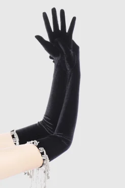 BABEYOND Evening Gloves|21.6 Crystal Chain Velvet Stretchy Gloves Black/Silver
