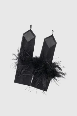 BABEYOND Evening Gloves|19 Finger Loop Satin Feather Gloves Black