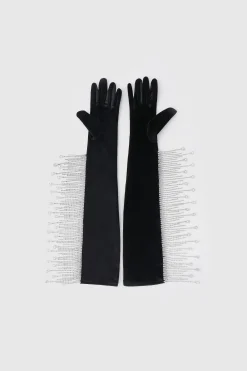 BABEYOND Evening Gloves|21.6 Velvet Stretchy Crystal Chain Gloves Black/Silver