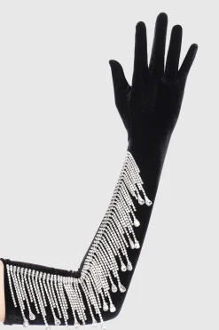 BABEYOND Evening Gloves|21.6 Velvet Stretchy Crystal Chain Gloves Black/Silver