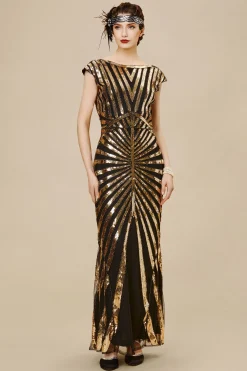 BABEYOND Dresses|Art Deco Cap Sleeve Sequin Maxi Dress Black/Gold