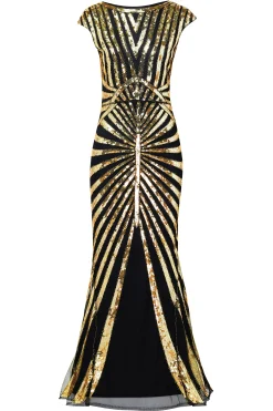 BABEYOND Dresses|Art Deco Cap Sleeve Sequin Maxi Dress Black/Gold