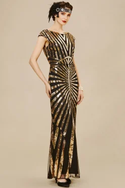 BABEYOND Dresses|Art Deco Cap Sleeve Sequin Maxi Dress Black/Gold