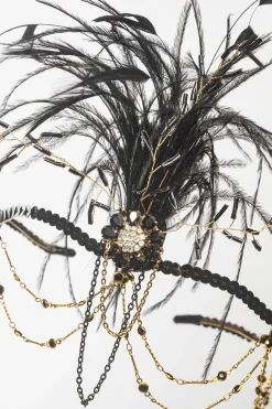 BABEYOND Headpieces & Fascinators|Beaded Crystal Chain Feather Headband Black/Gold
