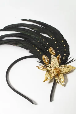 BABEYOND Headpieces & Fascinators|Beaded Sequin Floral Feather Headband Gold/Black
