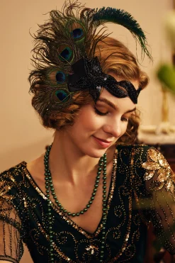 BABEYOND Headpieces & Fascinators|Beaded Sequin Peacock Headband Dark Green