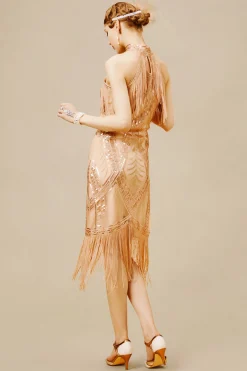 BABEYOND Dresses|Cutout Crew Neck Fringe Flapper Dress Champagne