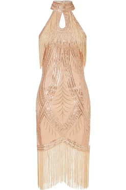 BABEYOND Dresses|Cutout Crew Neck Fringe Flapper Dress Champagne