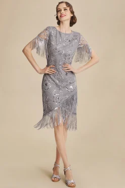 BABEYOND Dresses|Embellished Fringe Sequin Art Deco Dress Gray