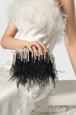 BABEYOND Handbags|Embellished Ostrich Feather Pearl Tassel Clutch