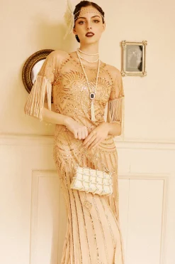 BABEYOND Handbags|Embellished Pearl Chain Clutch Beige