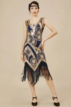 BABEYOND Dresses|Embroidered Sequin Midi Prom Dress Navy Blue