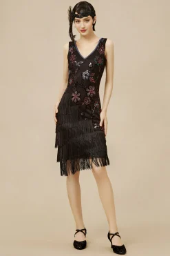 BABEYOND Dresses|Flowery Tassel Sequins Flapper Dress Black