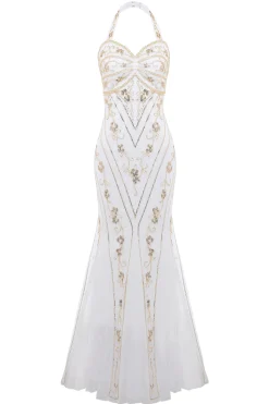 BABEYOND Dresses|Halter Neck Sequin Mermaid Maxi Dress White