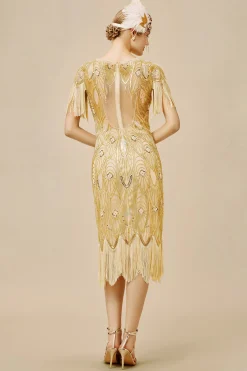 BABEYOND Dresses|La Revue Negre Beaded Fringe Flapper Dress Champagne