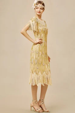BABEYOND Dresses|La Revue Negre Beaded Fringe Flapper Dress Champagne