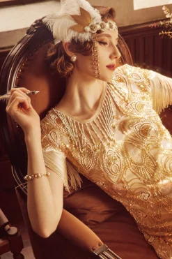 BABEYOND Dresses|La Revue Negre Beaded Fringe Flapper Dress Champagne