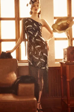 BABEYOND Dresses|La Revue Negre Feather Sequins Evening Gown Black/Silver
