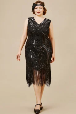 BABEYOND Dresses|Long Fringe Flapper Art Deco Plus Dress Black