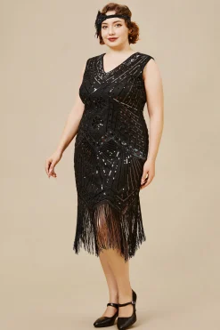 BABEYOND Dresses|Long Fringe Flapper Art Deco Plus Dress Black