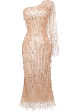 BABEYOND Dresses|One Shoulder Back Slit Draped Sequin Dress Champagne