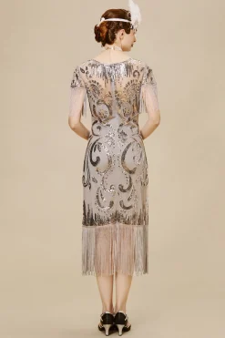 BABEYOND Dresses|Paisley Boat Neck Flapper Midi Dress Gray