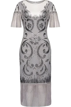 BABEYOND Dresses|Paisley Boat Neck Flapper Midi Dress Gray