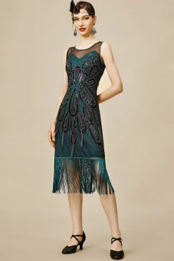 BABEYOND Dresses|Peacock Tassel Flapper Dress Dark Green