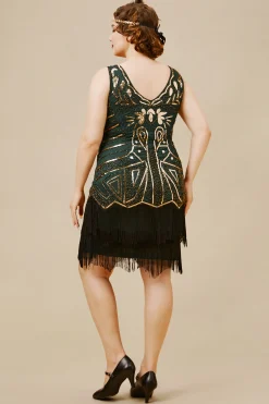 BABEYOND Dresses|Retro Paisley Art Deco Party Plus Dress Dark Green/Gold