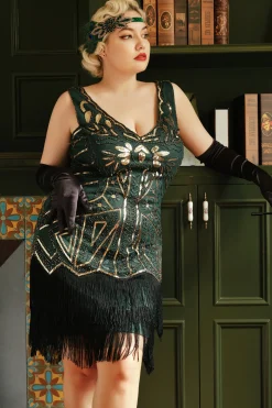 BABEYOND Dresses|Retro Paisley Art Deco Party Plus Dress Dark Green/Gold
