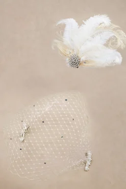 BABEYOND Headpieces & Fascinators|Rhinestone Studded Feather Veil Fascinator