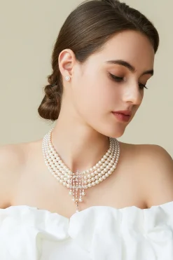 BABEYOND Jewelry|Rhinestone Studded Multi-Layer Pearl Necklace