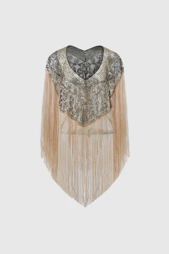BABEYOND Shawls & Scarves|1920S Long Fringed Beaded Shawl Black/Gold