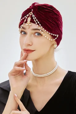 BABEYOND Headpieces & Fascinators|1920S Pearl Chain Turban Hat Dark Red
