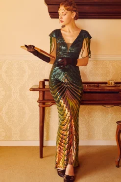 BABEYOND Dresses|Sheer Scoop Neck Iridescent Sequin Dress