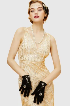 BABEYOND Evening Gloves|Short Satin Crystal Beads Gloves Black