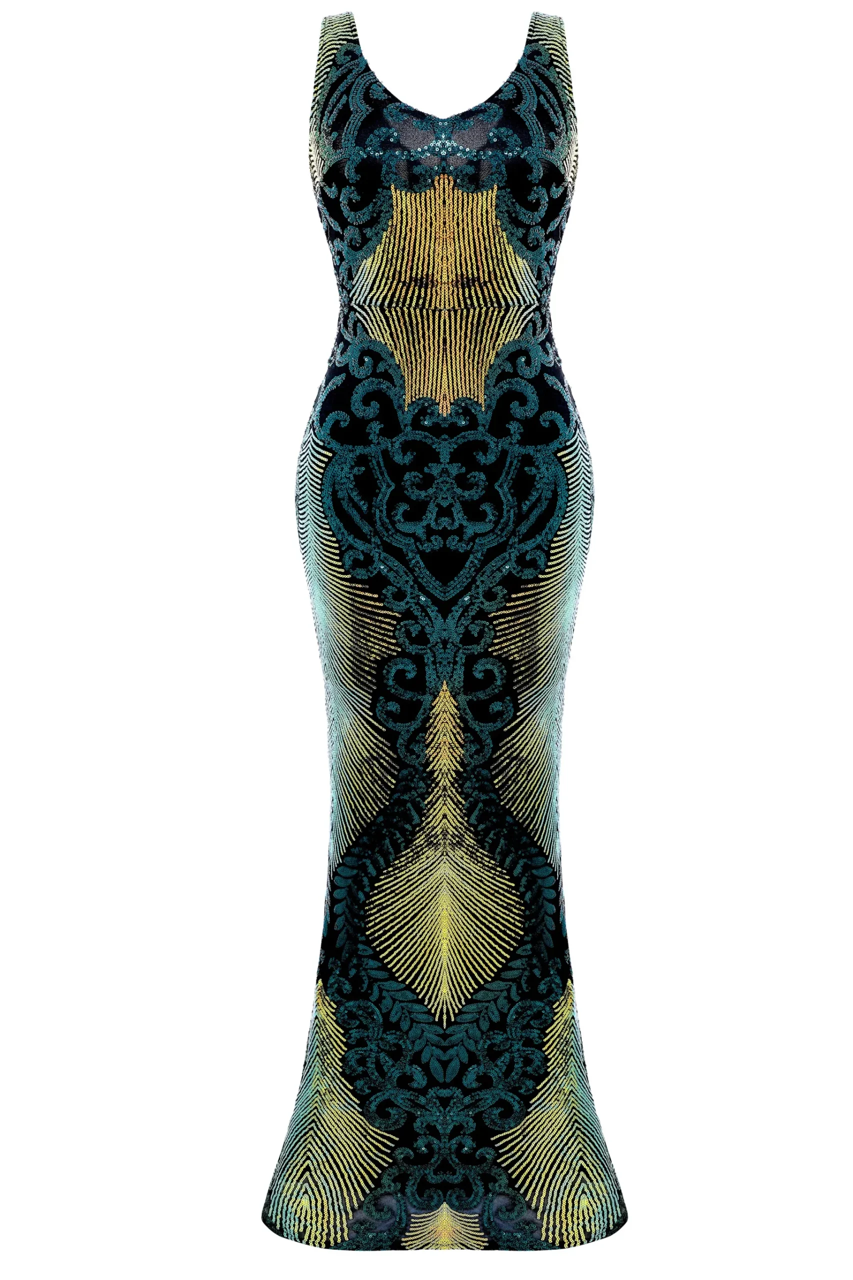 BABEYOND Dresses|Sleeveless Peacock Sequin Maxi Dress Dark Green/Gold