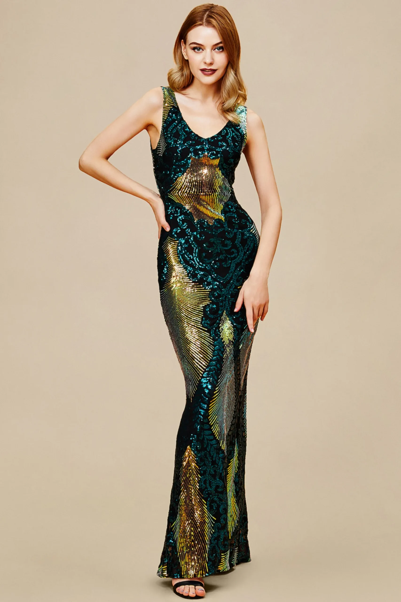 BABEYOND Dresses|Sleeveless Peacock Sequin Maxi Dress Dark Green/Gold