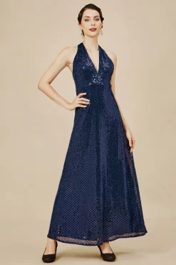 BABEYOND Dresses|V Neck Hanging Sequin Maxi Dress Navy Blue