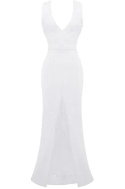 BABEYOND Dresses|V Neck Sequin Frontal Slit Dress White