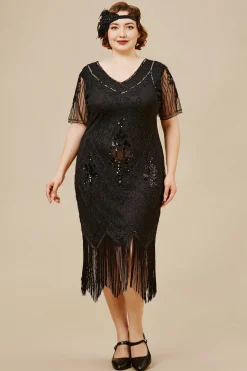 BABEYOND Dresses|Vintage Paisley Flapper Fringe Plus Dress Black