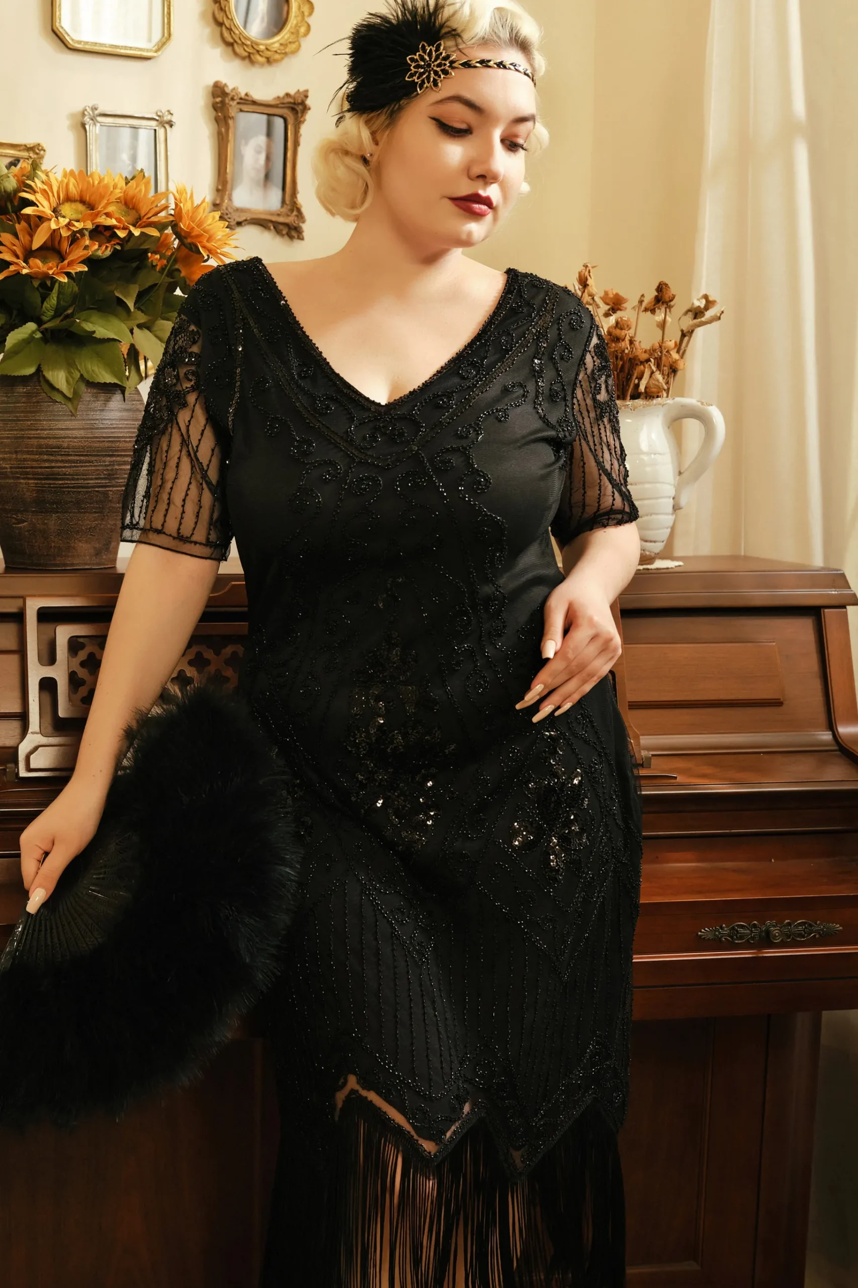 BABEYOND Dresses|Vintage Paisley Flapper Fringe Plus Dress Black