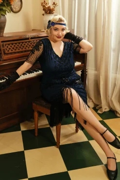 BABEYOND Dresses|Vintage Paisley Flapper Gatsby Plus Dress Dark Blue