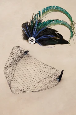 BABEYOND Headpieces & Fascinators|Vintage Veil Peacock Feather Fascinator Dark Green